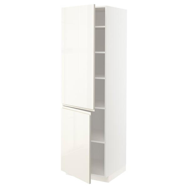 A white METOD kitchen cabinet with high gloss and two doors. It an integrated handle and adjustable shelves.