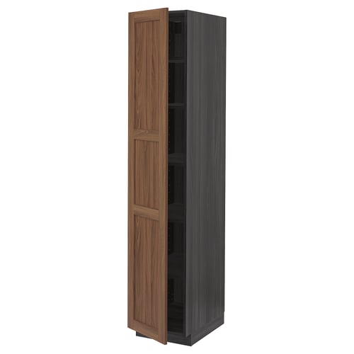 Wooden cabinet, tall, dark brown, shaker-style door, adjustable shelves.