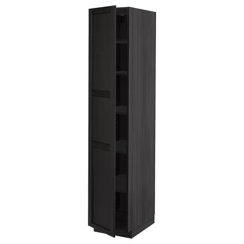 Dark wooden cabinet with adjustable shelves, open doors revealing storage spaces.