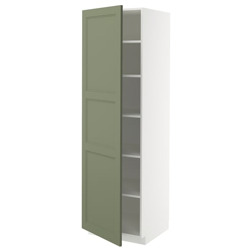 METOD kitchen cabinet in gray-green with adjustable shelves. Tall, rectangular shape with green door and white frame.