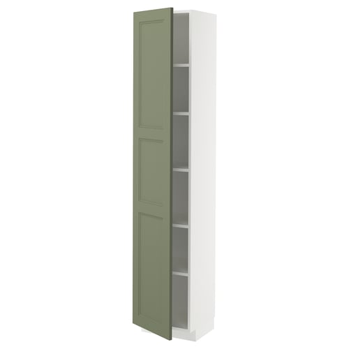 METOD tall kitchen cabinet, grey-green, white shelves, adjustable shelves.