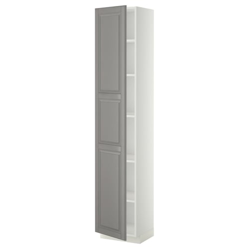 A vertical METOD kitchen cabinet in grey with a traditional design, featuring adjustable shelves and a door on the right or left.