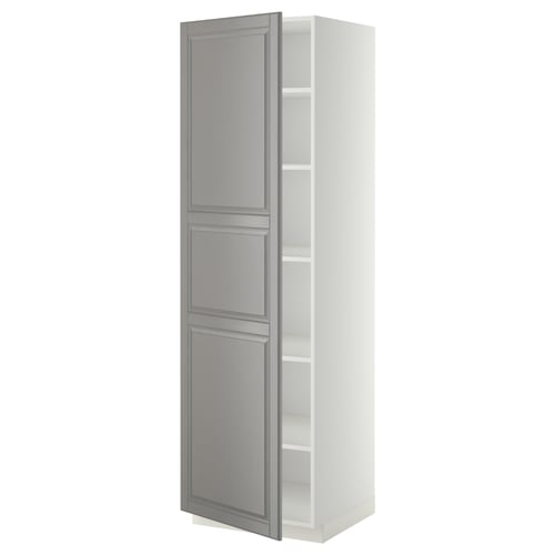 White and grey cabinet with adjustable shelves.