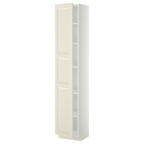 An off-white METOD kitchen cabinet with bevelled edges, tall and rectangular, featuring a door and adjustable shelves.