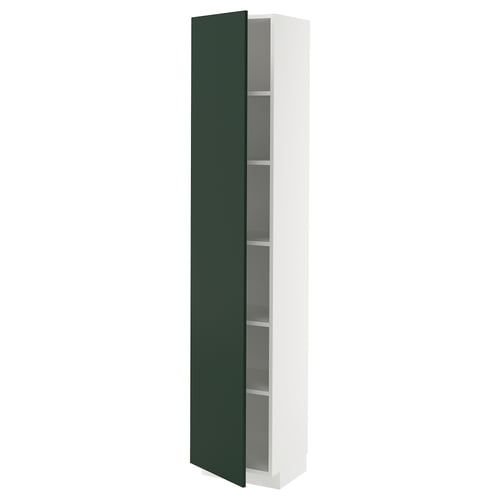 Vertical kitchen cabinet in white & green, sleek modern design, adjustable shelves.