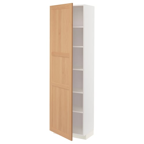 A tall, white cabinet with a light oak door partially open, revealing four shelves inside.