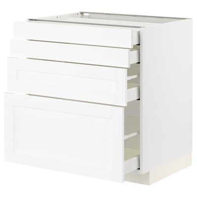A white METOD kitchen cabinet with multiple drawers in a classic design.