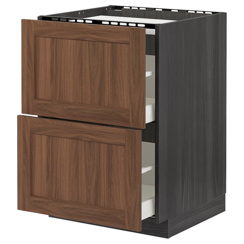 A METOD kitchen cabinet with walnut-look fronts. It has two drawers and a cabinet space, with a dark frame.