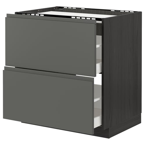 Dark grey modern kitchen cabinet with two drawers and integrated handles.