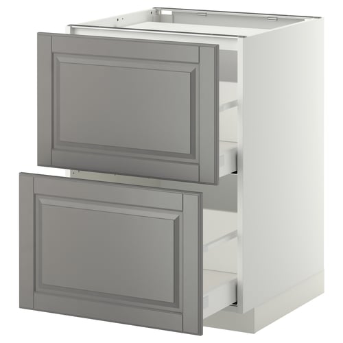 Modern grey kitchen cabinet with two drawers, sleek design, bevelled edges, sturdy metallic runners.