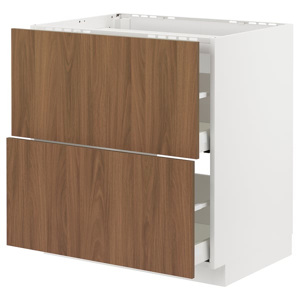 METOD / MAXIMERA Base cab f hob/2 fronts/2 drawers, white/Tistorp brown walnut effect, 80x60 cm