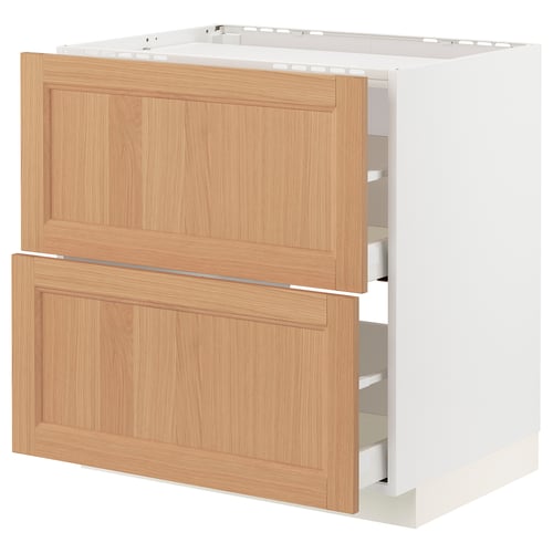 An ikea METOD kitchen cabinet in white and oak. It two large wooden drawers with a push-to-open mechanism.