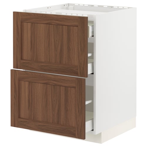 METOD kitchen cabinet - white base, walnut wood drawers, three drawers.