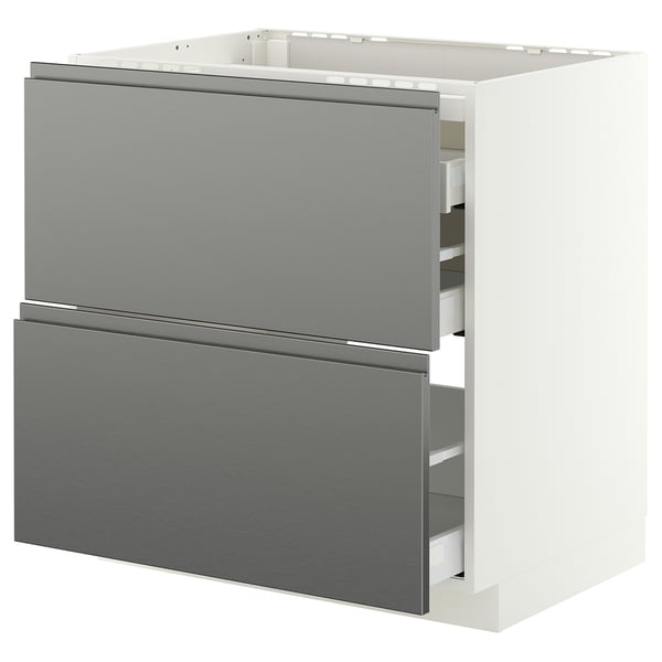 METOD / MAXIMERA Base cab f hob/2 fronts/3 drawers, white/Voxtorp stainless steel effect, 80x60 cm