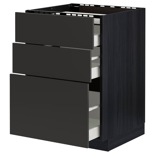 Modern black METOD kitchen module with three drawers. Sleek, dark finish, angled for detail.