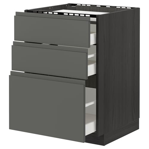 Modern dark grey METOD kitchen unit with three open drawers, showcasing minimalist design and sturdy construction.