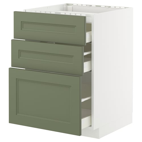 Ikea METOD kitchen cabinet with green drawers and white base.