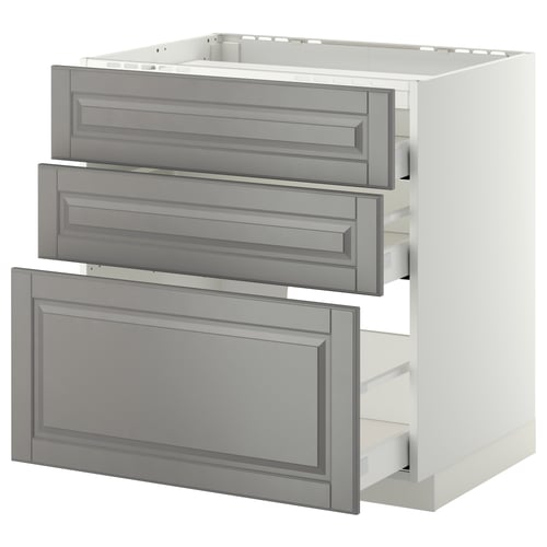 Modern kitchen unit, METOD by IKEA. Three grey drawers, white base, bevelled edges, sturdy frame.