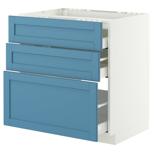 Blue 3-drawer cabinet, white base, modern design, smooth fronts, kitchen storage.