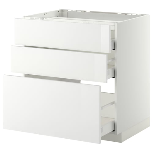White METOD kitchen cabinet, glossy finish, rectangular shape, with three drawers.