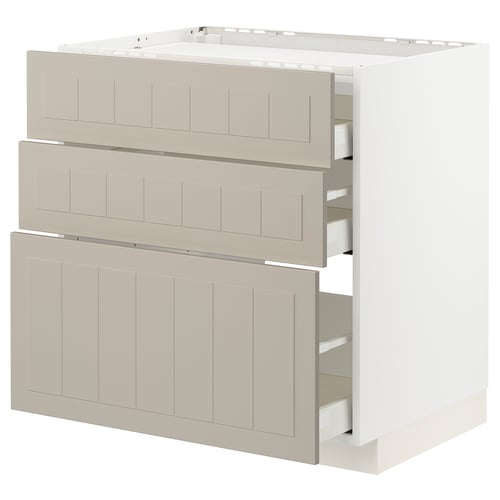 Three-drawer METOD kitchen cabinet in beige with beige frame, featuring modern design and soft-close drawers.