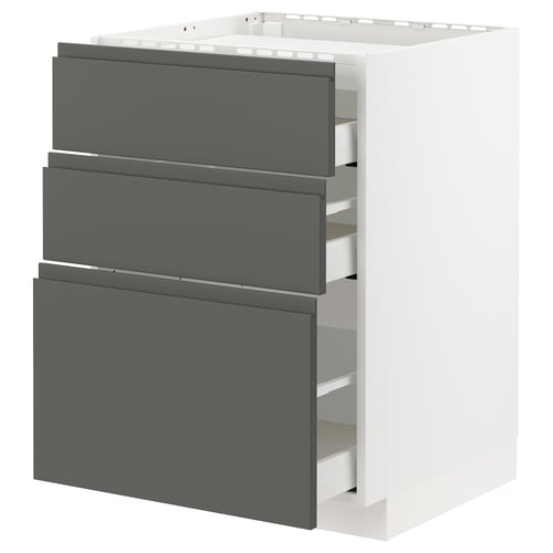 A grey and white kitchen cabinet with three drawers. Its part of the METOD system, featuring modern dark grey fronts with integrated handles.