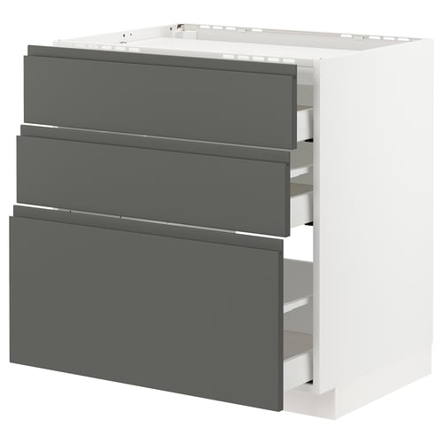 Modern kitchen cabinet, white with grey drawers, sleek design, three drawers, 25 year guarantee.