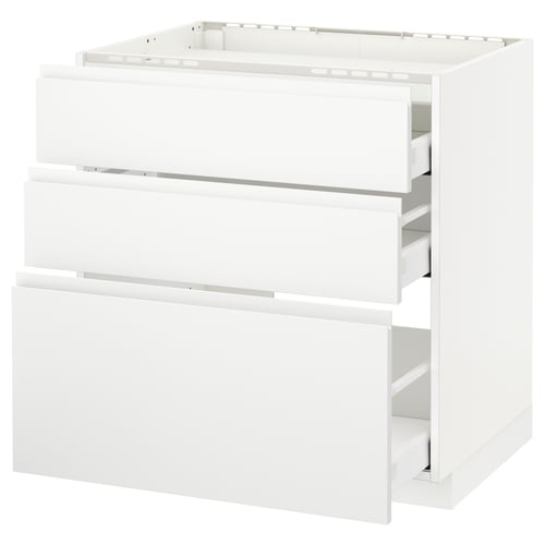 White METOD kitchen unit with three pull-out drawers, modern minimalist design.