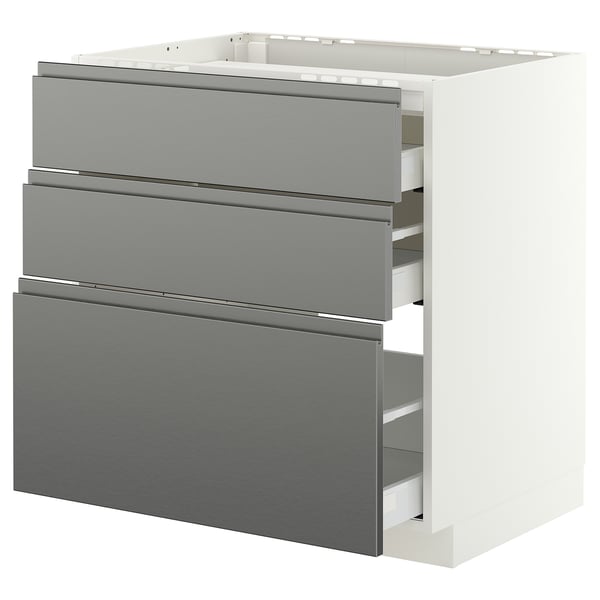 METOD / MAXIMERA Base cab f hob/3 fronts/3 drawers, white/Voxtorp stainless steel effect, 80x60 cm
