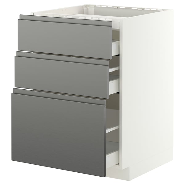 METOD / MAXIMERA Base cab f hob/3 fronts/3 drawers, white/Voxtorp stainless steel effect, 60x60 cm
