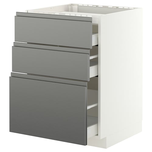 METOD / MAXIMERA Base cab f hob/3 fronts/3 drawers, white/Voxtorp stainless steel effect, 60x60 cm