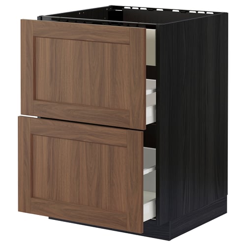 Brown wooden drawers, black cabinet, modern kitchen furniture.