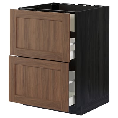 METOD / MAXIMERA Base cab f hob/int extractor w drw, black Enköping/brown walnut effect, 60x60 cm