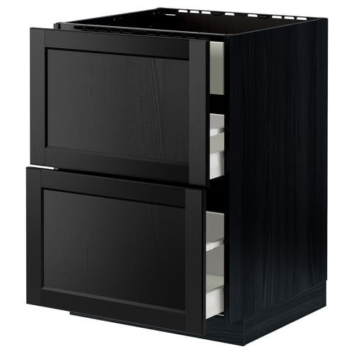 Black stained wooden kitchen cabinet with two open drawers.