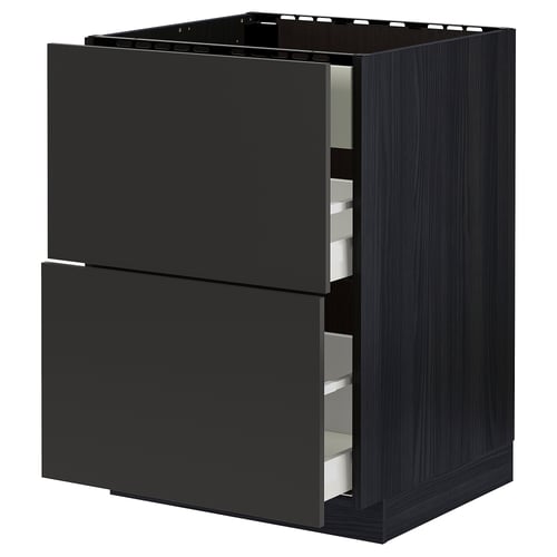 Black kitchen cabinet, modern design by ikea METOD series, dark wood grain finish, two drawers with pullout feature and smooth close.