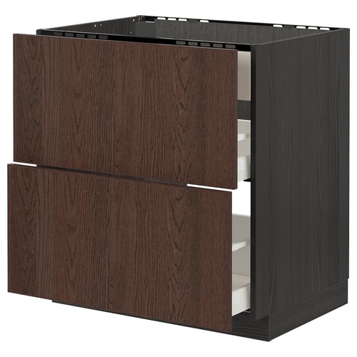 Brown ikea METOD kitchen unit with wooden drawers.