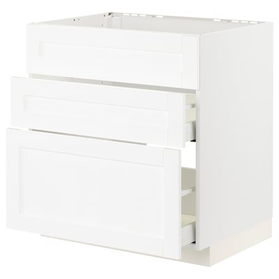 White METOD kitchen unit with three drawers, smooth-running and soft-closing.