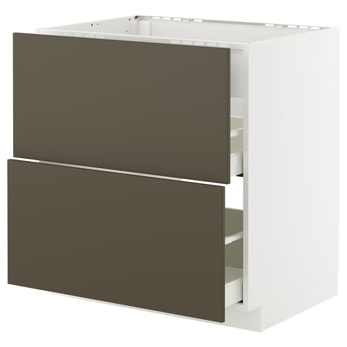 Ikea METOD kitchen unit with dark brown havstorp drawers, white frame.
