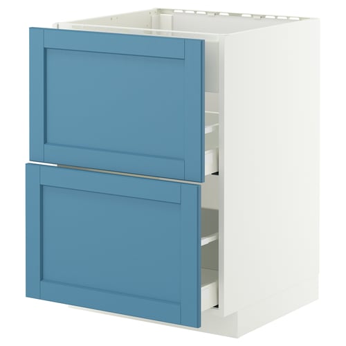 Blue kitchen cabinet with two drawers, sleek design, sturdy construction, smooth-running drawers.