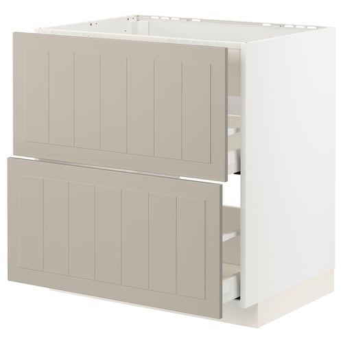 An ikea METOD kitchen cabinet. It beige stensund fronts, a boxy shape, and a classic design. The cabinet has two large drawers.