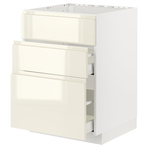 METOD / MAXIMERA Base cab f hob/int extractor w drw, white/Voxtorp high-gloss light beige, 60x60 cm