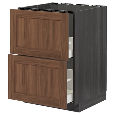 METOD / MAXIMERA Base cab f sink+2 fronts/2 drawers, black Enköping/brown walnut effect, 60x60 cm