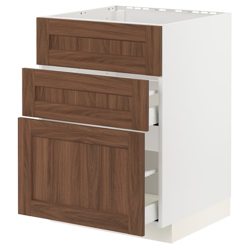 Ikea METOD kitchen cabinet, white, dark wood grain, 3 drawers, vertical layout.