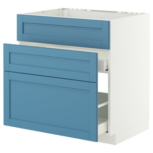 Blue & white METOD kitchen cabinet with 3 pale blue drawers, modern design.