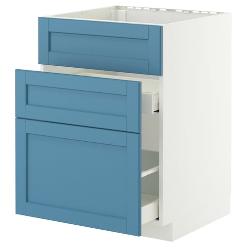 Blue kitchen cabinet with three drawers, modern design, white interior.