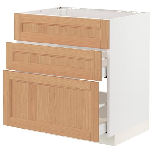 This image a METOD kitchen unit with white base and oak drawers,three open drawers, sturdy and modern design.
