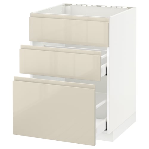 METOD kitchen unit in white with beige high-gloss drawers.