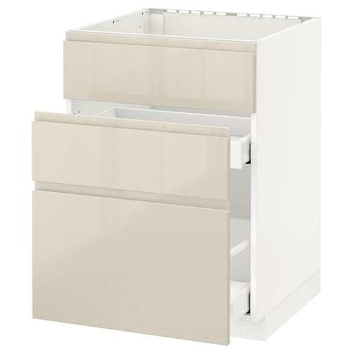 Modern kitchen cabinet in beige with high gloss finish and integrated handles.
