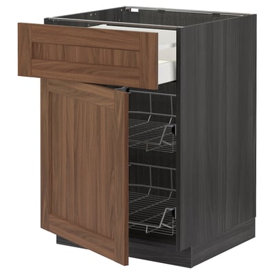 Modern kitchen unit with walnut drawer and dark grey cabinet, medium-sized, featuring wire storage baskets and a single door.