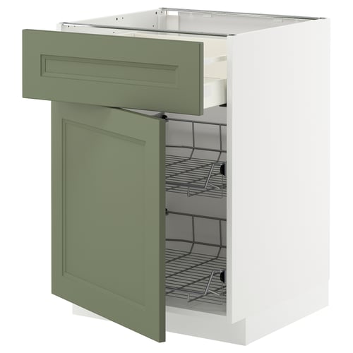 Green kitchen cabinet with open drawer and shelves.